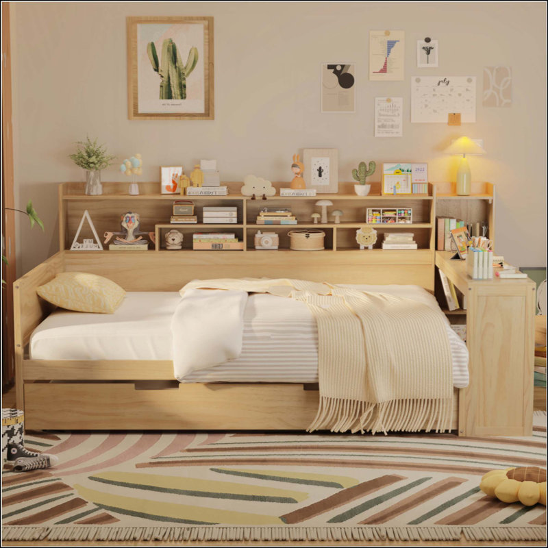 Lit de jour en bois avec tablettes de rangement, lit multifonctionnel avec lit gigogne et bureau d'étude
