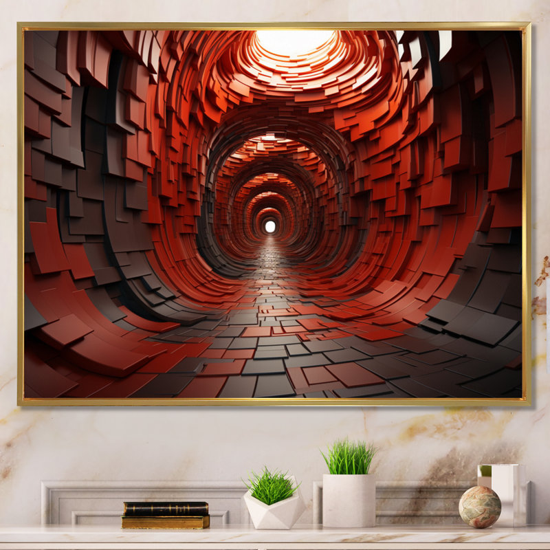 «Abstract Abstract Square Red Wood Tunnel II», reproduction d'art sur toile, H 12 po x l 20 po x P 1 po, Cadre flottant doré