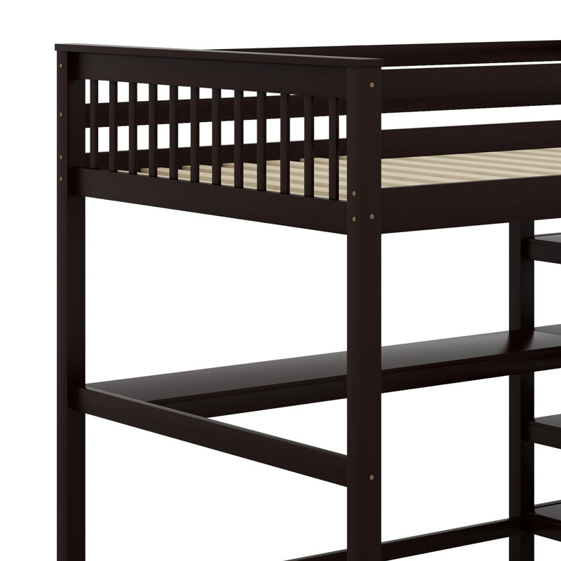 Lit mezzanine avec tablettes de rangement et bureau sous le lit, Lit double, Espresso