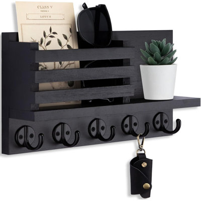 Porte-clés pour mur - Porte-courrier décoratif en bois et tablette à clés avec quincaillerie de fixation, guide d'installation - Bois de paulownia avec crochets à clés en métal (noir, grand - 11,8 pouces)