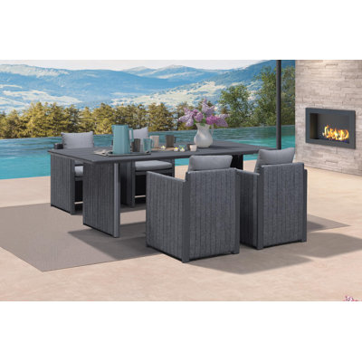  Table de salle à manger d'extérieur moderne rectangulaire en aluminium et chaises avec coussins en oléfine pour la cour arrière - gris