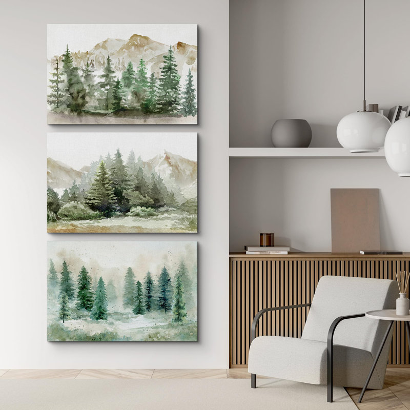 Paysage de forêt Woodland, forêt de pins, nature rétro, paysage de forêt, 3 pièces, Toile tendue, H 24 po x l 36 po