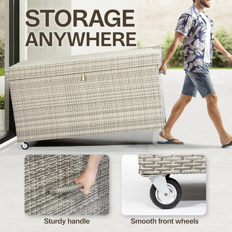 200 Gallons Water Resistant Wicker Deck Box with Wheels in Gray
