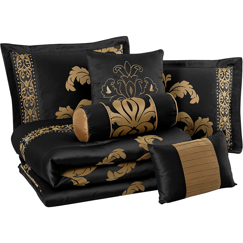 Full Black and Gold Jacquard Floral Comforter Set