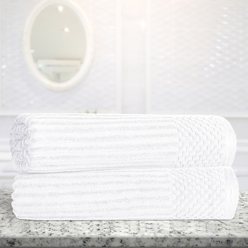 Yaholo Cotton Highly Absorbent Solid and Checkered Border Bath Sheet Set, White