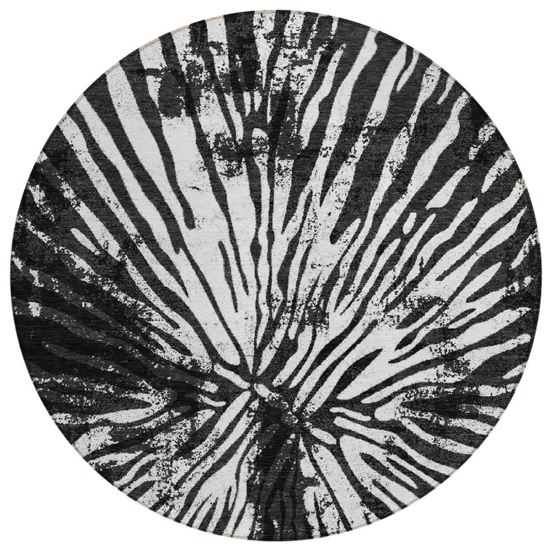 Tapis d'intérieur rond lavable abstrait gris anthracite et ivoire 8 pi