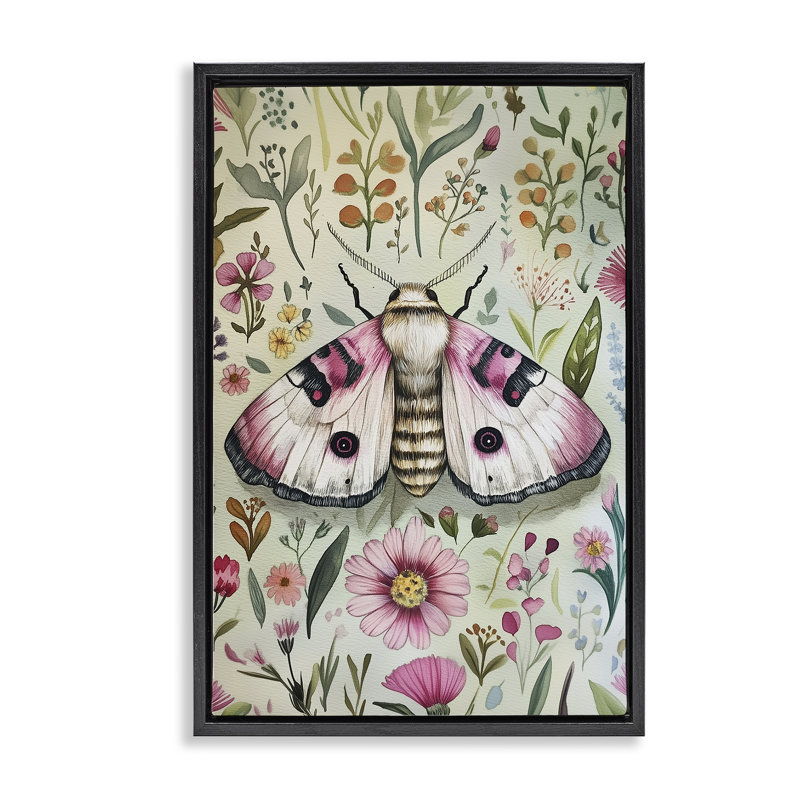 Cadre flottant Moth Over Floral Herbs, design par The Dutch Lady, Cadre flottant noir de jais, H 25 po x l 17 po