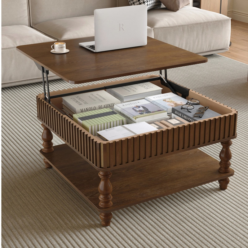 Table basse carrée 31,5 "à plateau relevable cannelé avec rangement ouvert, Noyer brun