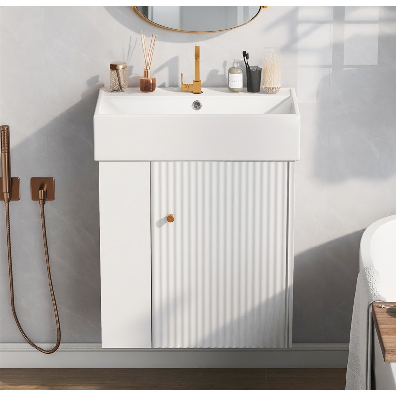 Meuble-lavabo flottant blanc moderne de 21,6 po avec lavabo en céramique - parfait pour les petites salles de bain, rangement à gauche