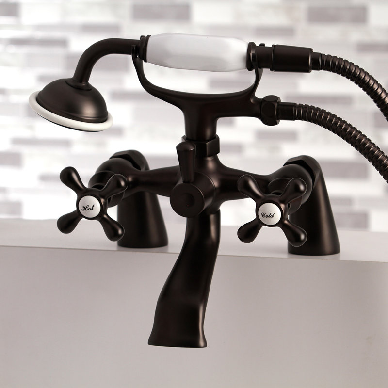 Kingston Brass Kingston Three-Handle 2-Hole Deck Mount Clawfoot Tub Faucet with Hand Shower, Oil Rubbed Bronze