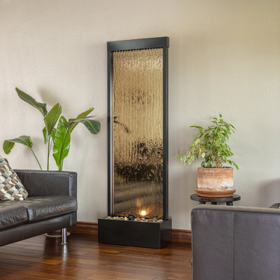 Mirror Indoor Waterfall Floor Fountain, 72" with LED Lights and Stones, Bronze