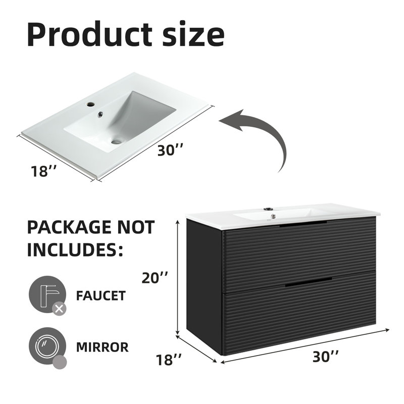 Meuble-lavabo moderne de 30 po et 36 po avec tiroirs à fermeture en douceur, façade 3D texturée et design flottant - solution de rangement murale spacieuse
