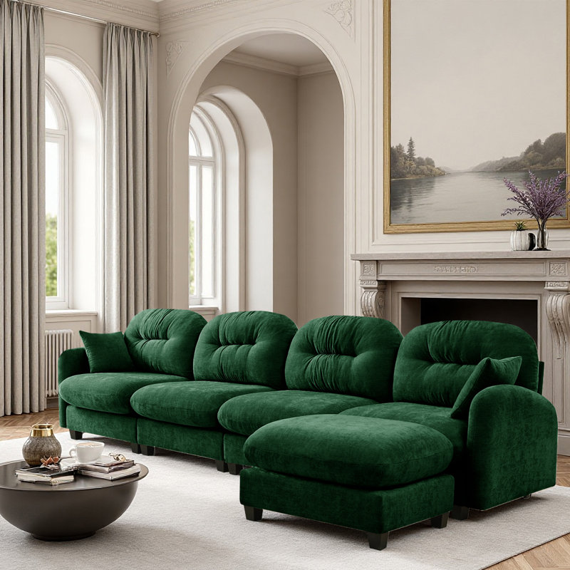 Sectional L Shaped Couch With Ottoman, Chenille Sofa, Green Chenille