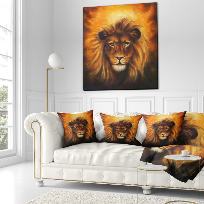 Coussin tête de lion avec crinière dorée - imprimé animal