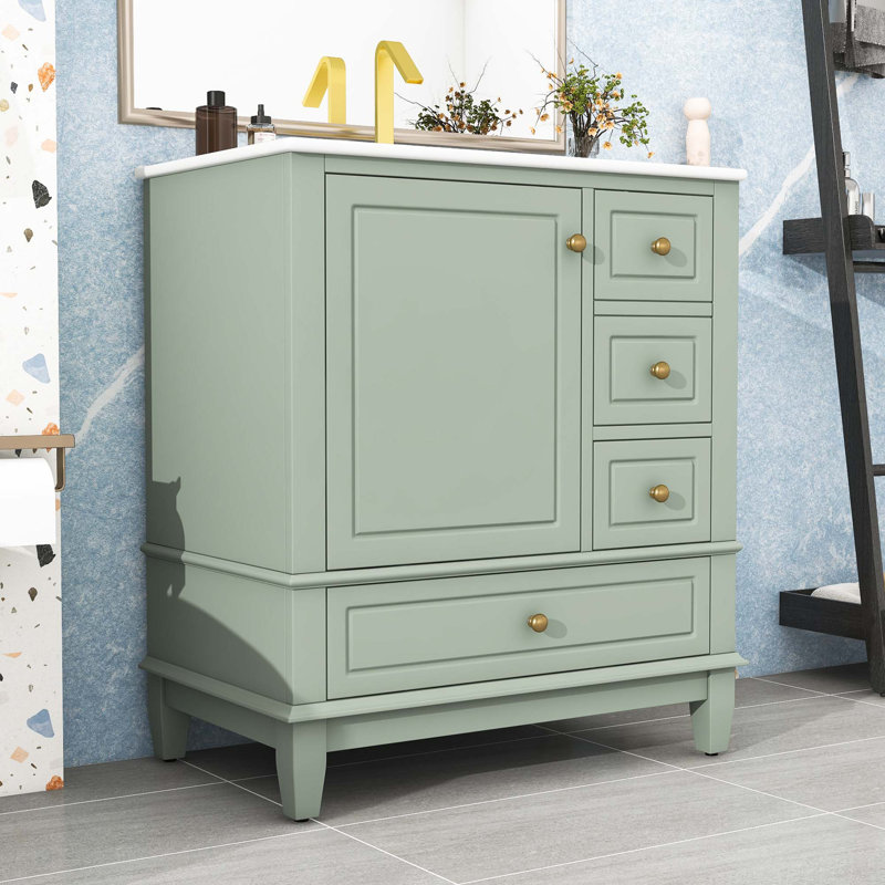 Meuble-lavabo avec lavabo, tablette et trois tiroirs, Vert clair