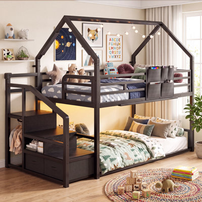 Loft Bed  House for Kids With Drawers And Guardrail, Bunk Beds With Storage and Stairs, Easy Assembly, Non Toxic，Bookshelf