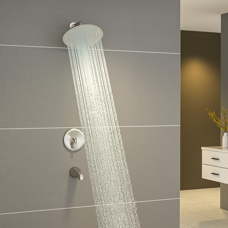 Pomme de douche ronde 10 po avec robinet de baignoire et valve brute, Nickel brossé