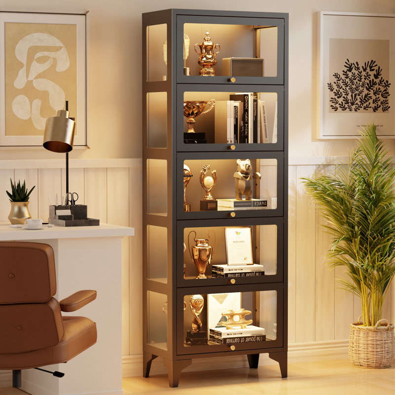 5-Tier Metal Display Cabinet with Lights Tempered Glass Curio Cabinet Showcase, Black