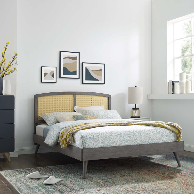 Sierra Cane and Wood Full Platform Bed With Splayed Legs, Full/Double, Gray