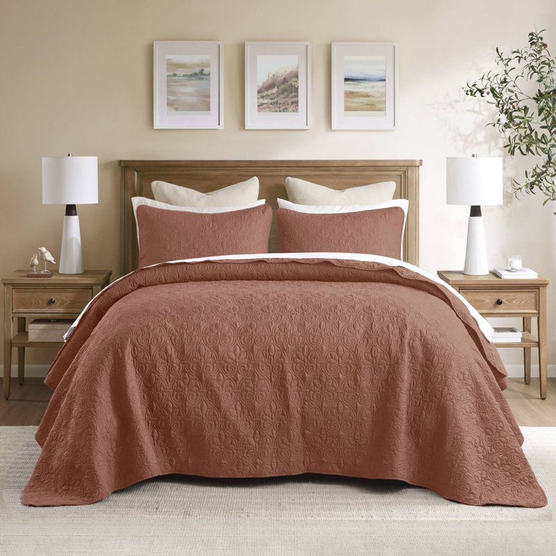 Ensemble de couvre-lit réversible Québec, Couvre-lit de très grande taille et 2 taies déco, Rouge argile