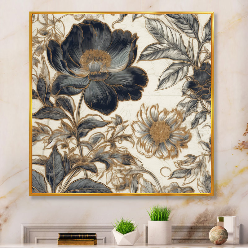 Blue Gold Peony Symphony I, reproduction d'art sur toile, H 24 po x l 24 po x P 1 po, Cadre flottant doré