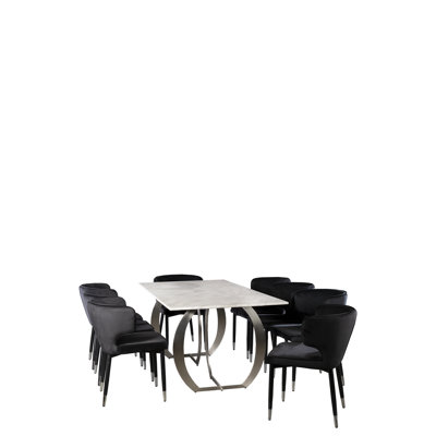 Ensemble de salle à manger à plateau en marbre 9 pièces Nayem avec 8 chaises incurvées en velours noir, base en acier inoxydable poli, plateau en marbre blanc, style moderne