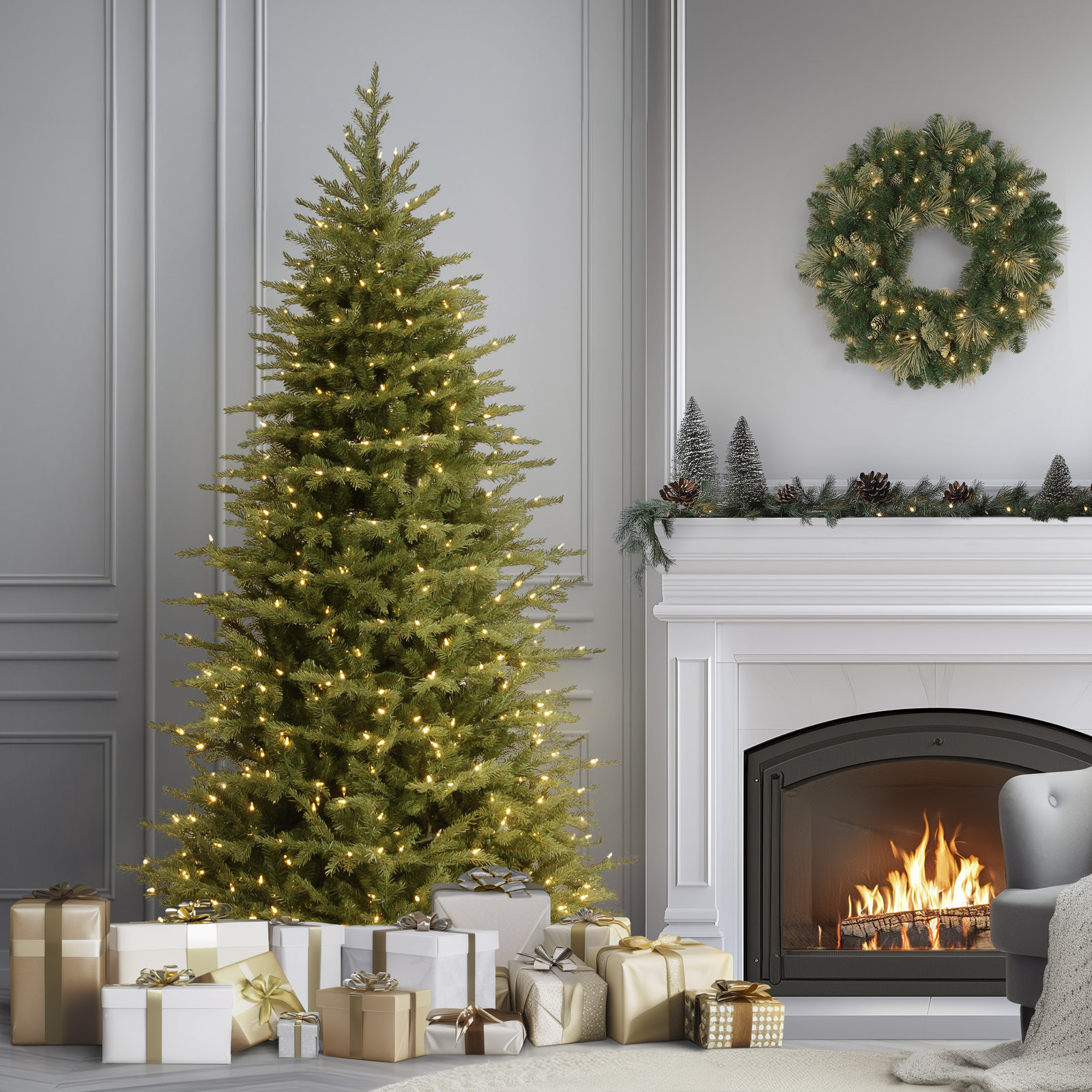  Nordic Spruce Slim Tree with Clear Lights, 90" H