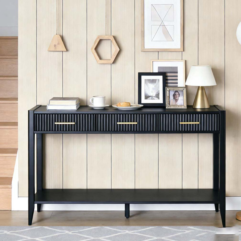 Console 60 po avec 3 tiroirs, table d'entrée en bois avec tablette de rangement, Noir
