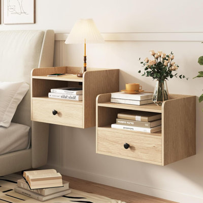 Floating Nightstand Set of 2 Modern Night Stands with Drawer and Open Shelf Cubby Small Bedside End Table
