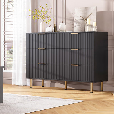 Fluted 6 Drawer Wide Dresser, Modern Chest with Spacious Deep Drawers, Wooden Organizer Ideal for Living Room, Hallway, or Kids Room, White