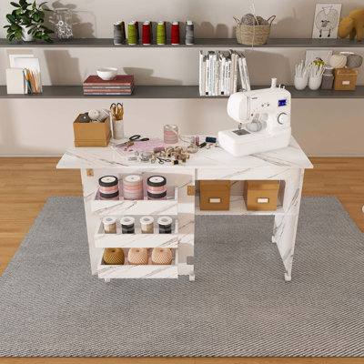 4-in-1 Folding Sewing Table with Lockable Wheels – Multi-Functional Craft Station, End Table, Computer Desk & Kitchen Storage with Shelves, White Rolling Sewing Machine Table for Apartments