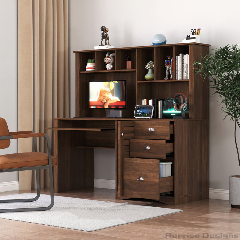 Home Office Computer Desk with Hutch, Walnut