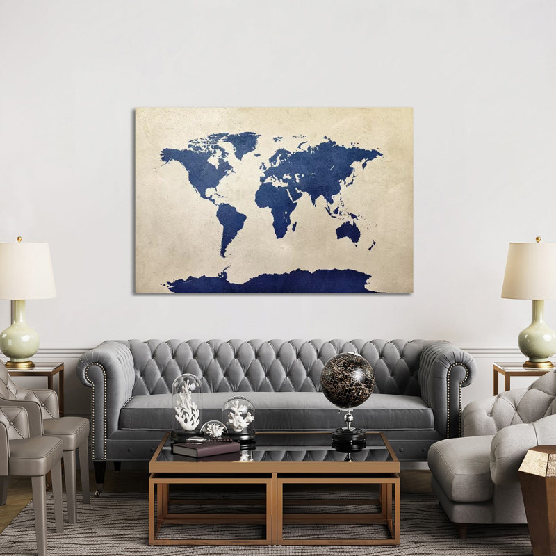 World Map Navy by Michael Tompsett - Wrapped Canvas Gallery-Wrapped Canvas Giclée, 152.5 cm H x 101.5 cm W