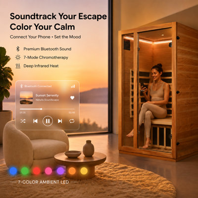 1-2 Person Indoor Far Infrared Luxury Sauna, Low-EMF 1510W/120V Dual Lighting Features with Reading Light & Chromotherapy LED, Clear BT Speaker Sound, Natural Wood Construction,74.8" H x 39.37" Wx 35.43" D