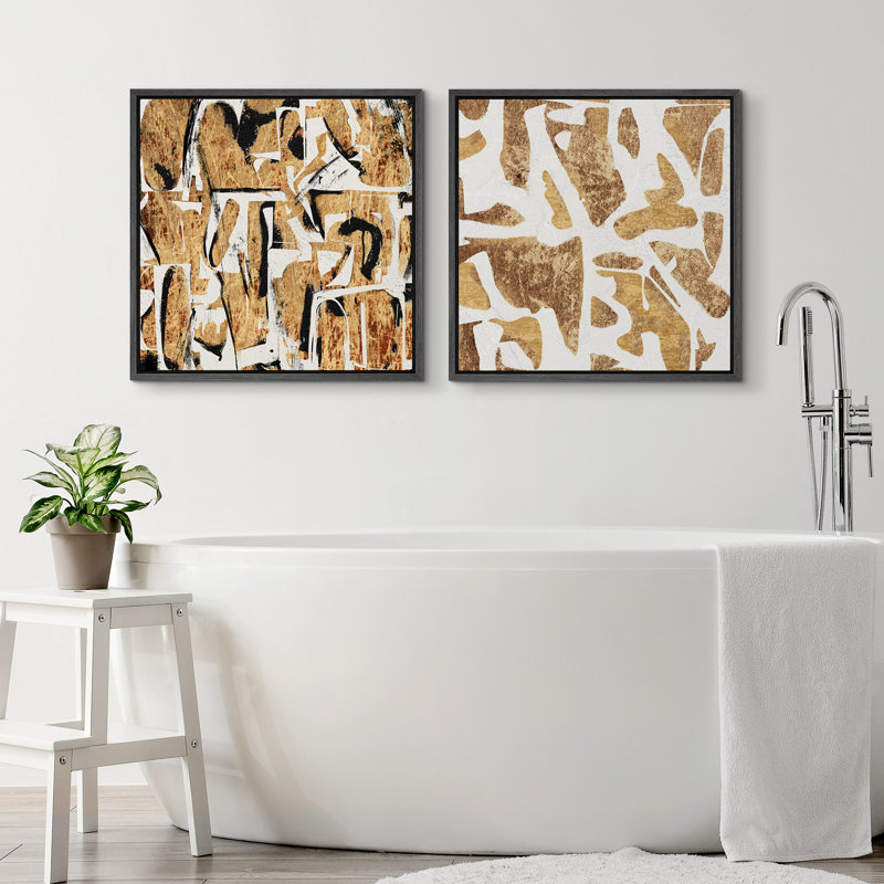 «Yellow Yellow Brown Shapes Abstract Artwork», reproduction d'art sur toile encadrée, H 24 po x l 24 po, Cadre flottant noir