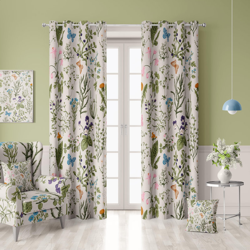 Botanical Curtains 100% Blackout 2 Panels, Green/White