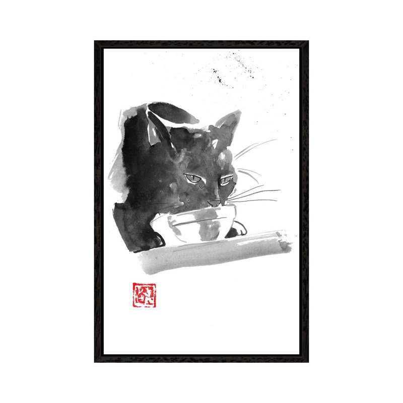 Drinking Cat 1 Piece Painting on Canvas, 66.04 cm H x 45.72 cm W, Black Framed