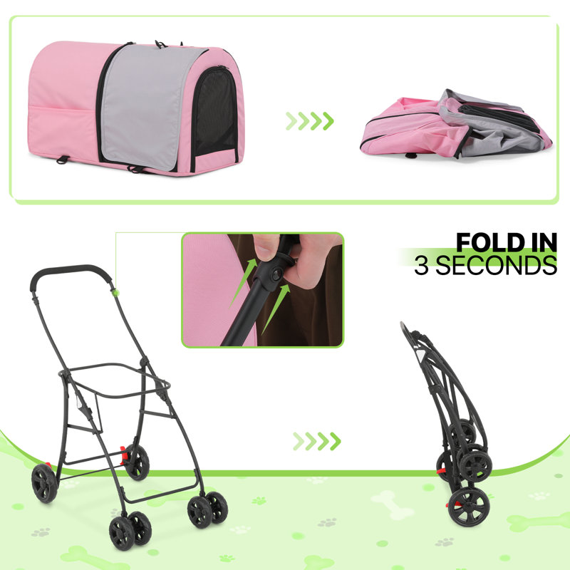 Pink and Gray 4-in-1 Folding Double Pet Stroller for Small to Medium Dogs and Cats