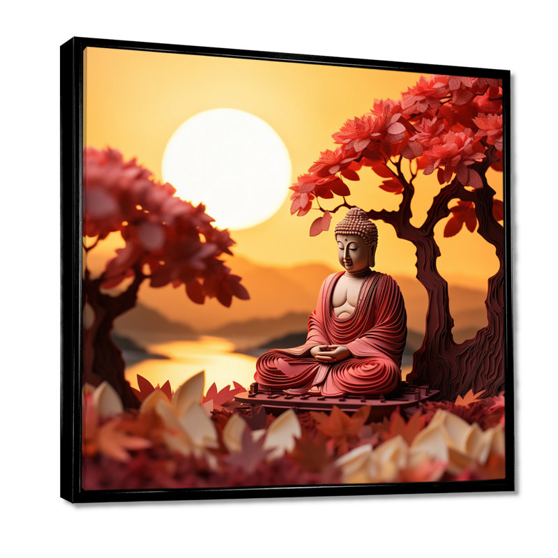 Bouddha rouge au coucher du soleil d'automne, impression d'art mural bouddhisme, Toile avec cadre flottant noir