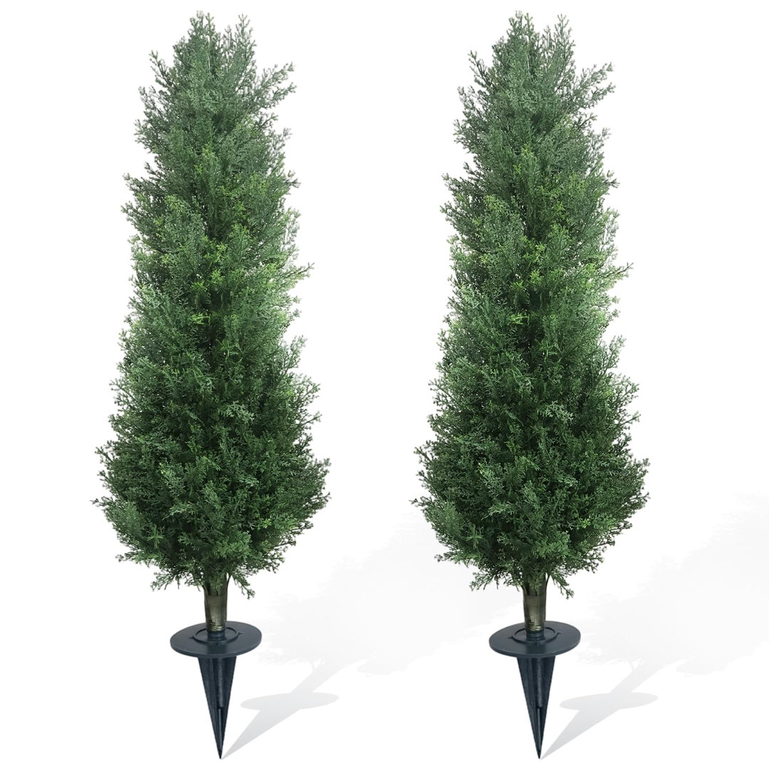 Set of 2 UV-Resistant Artificial Cedar Topiary Trees – Faux Cypress with Ground Spikes, Maintenance-Free Indoor/Outdoor Evergreen Shrubs for Home, Gar
