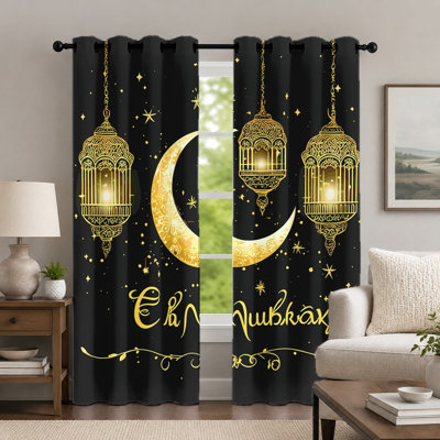 2Pcs Moon Lantern Printed Curtains, Festive Theme Holiday Style Curtain, Decorative Islamic Festival Light Pattern Art Grommet Drapes, Window Treatment for Bedroom Living Room Decor