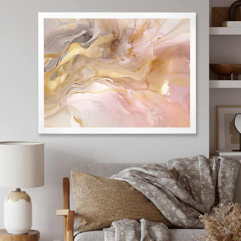 Exquis symphonie abstraite rose et pastel doré I - art abstrait de peinture murale pour le salon, Cadre simple blanc