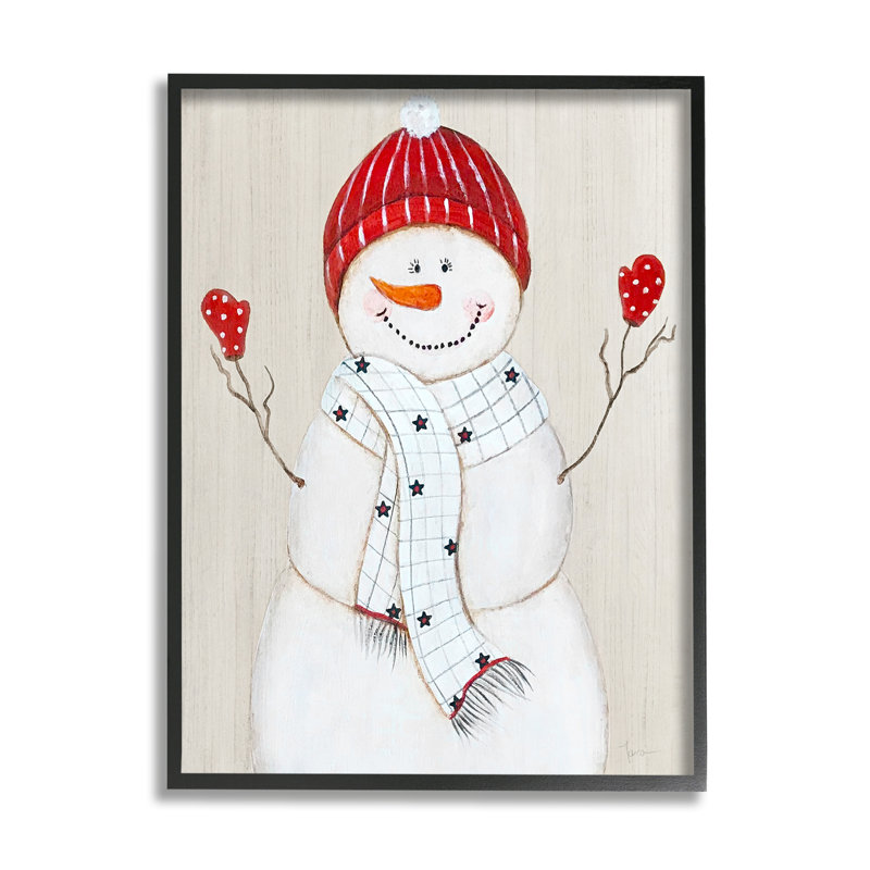 Bonhomme de neige saisonnier avec chapeau rouge encadré sur bois par Janet Tava, Giclée encadrée noir minuit