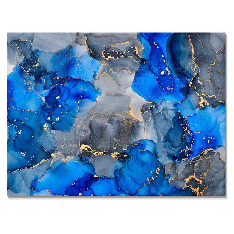 Bleu et gris luxueux abstrait fluide V - peinture sur toile, H 16 po x l 32 po x P 1 po, Toile tendue