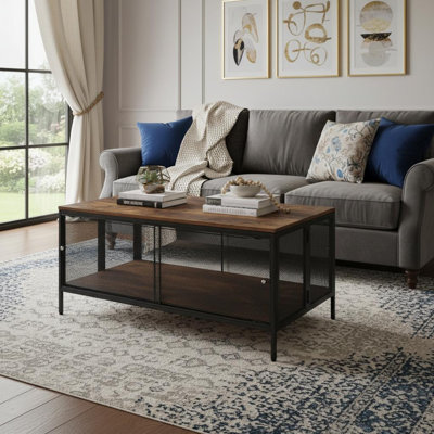  Table basse de 41 po avec cadre en bois et métal brun et noir - industriel