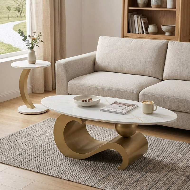 Modern style Nesting Coffee Table Set of 2 with metal base for bedroom living room, White Top/ Gold Base