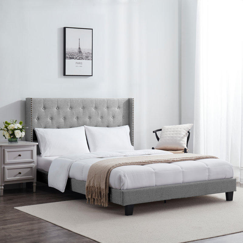 Nestl Wingback Diamond Upholstered Platform Bed, King, Silver