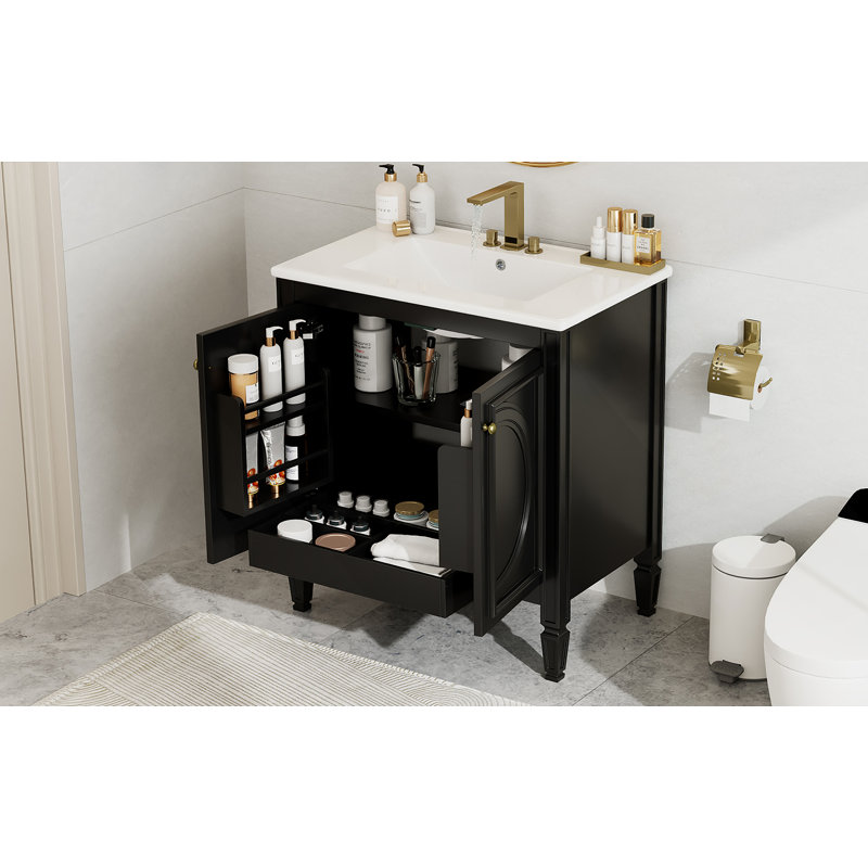 Meuble-lavabo 30 po avec lavabo, deux portes avec tablette, charnières de porte à fermeture en douceur, style rétro, noir