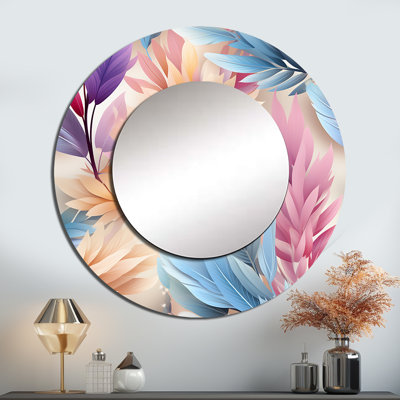 Motif de fougères bohémiennes roses et bleues Ruchma - miroir unique floral, grand miroir mural rond bleu, impression d'art en métal