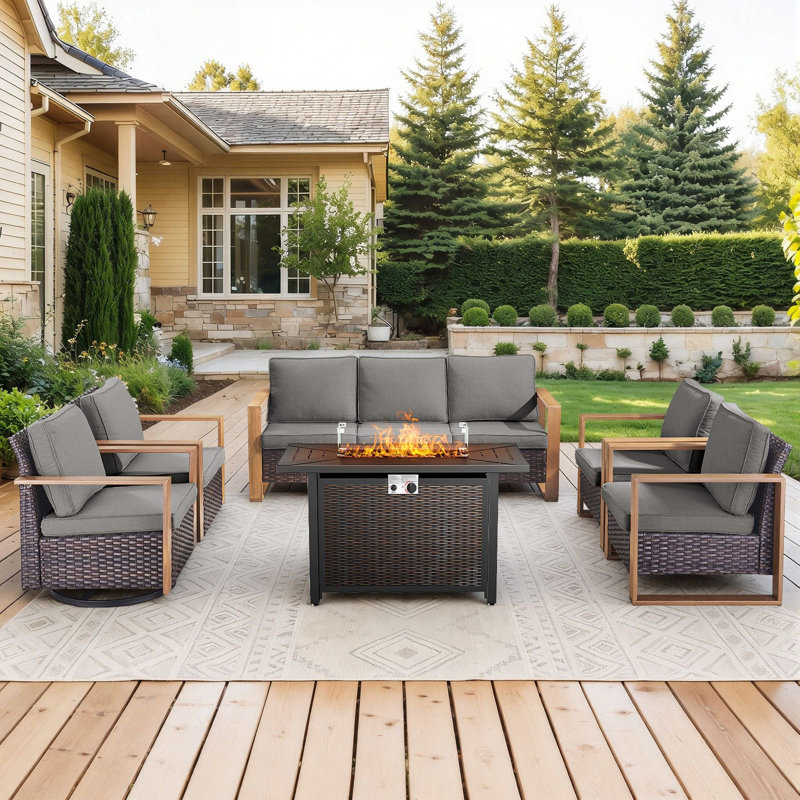 Drazen 7 - Person Patio Furniture Set With Fire Pit Table, All-Weather Wicker Outdoor Conversation Set With Chair And Thick Cushions